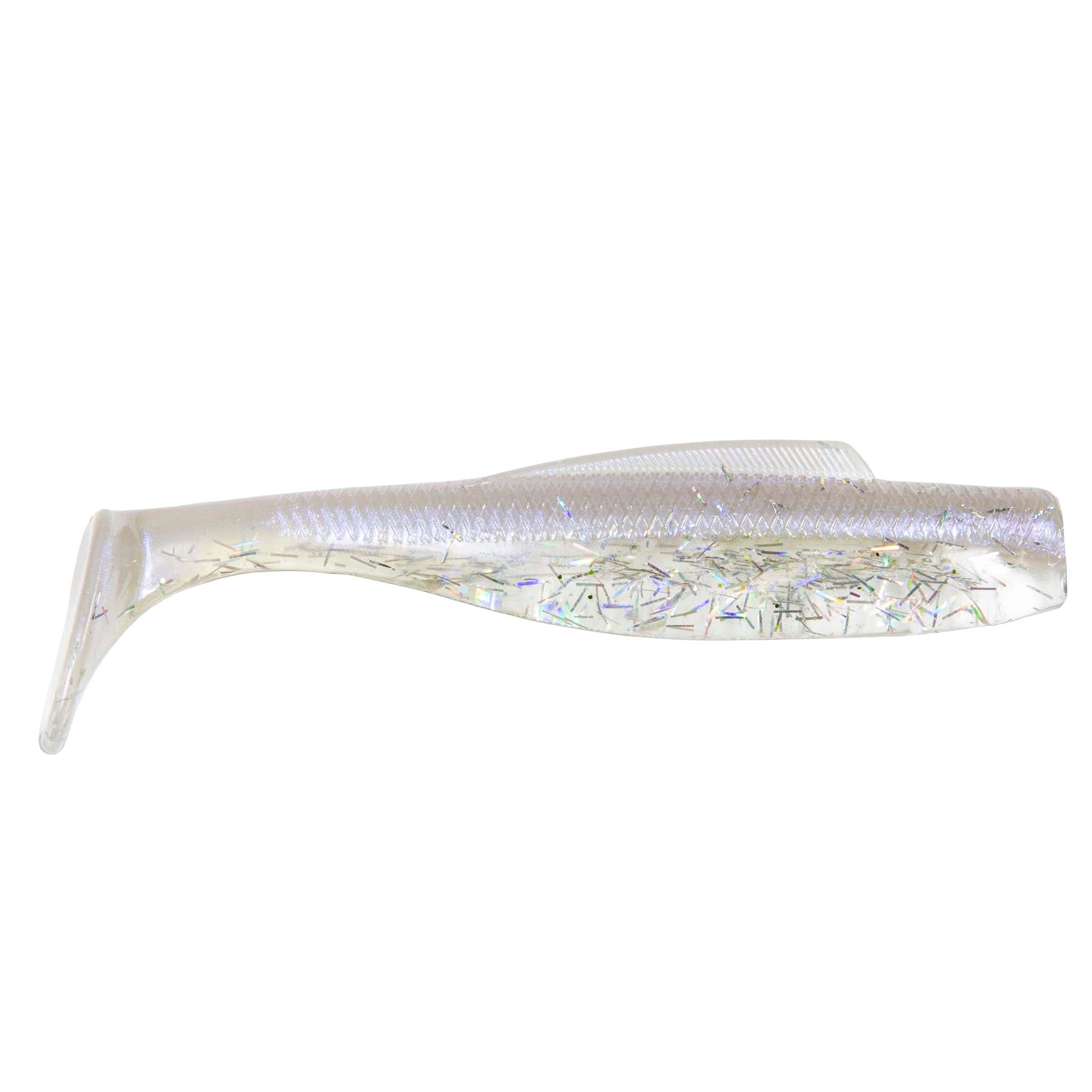 Soft plastic minnow lure, translucent white with multicolor holographic glitter pattern