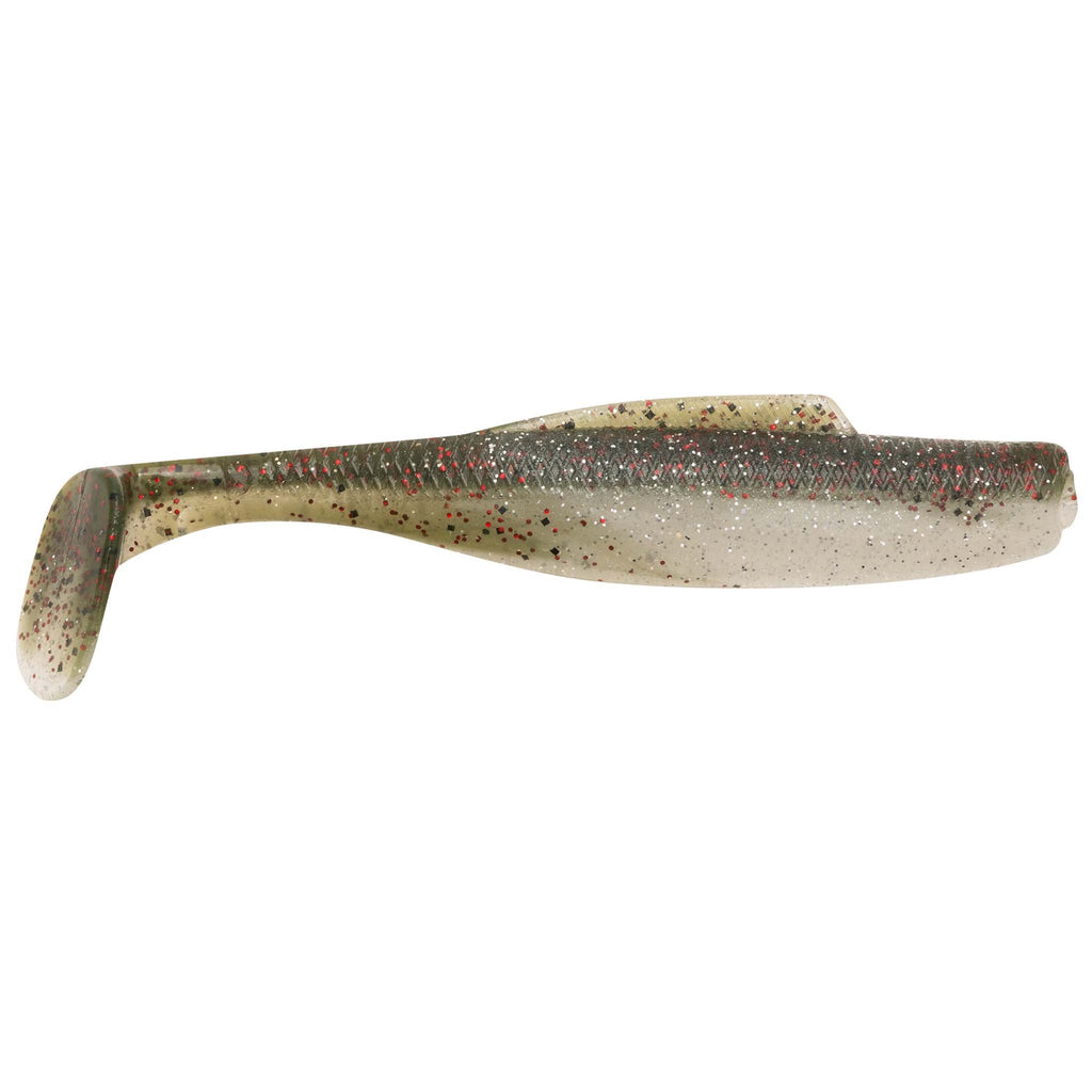 Soft plastic minnow lure, translucent light cream with brown/gray speckled back