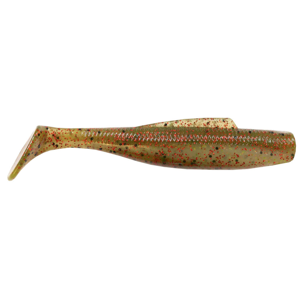Soft plastic minnow lure, speckled orange-brown and green with textured top