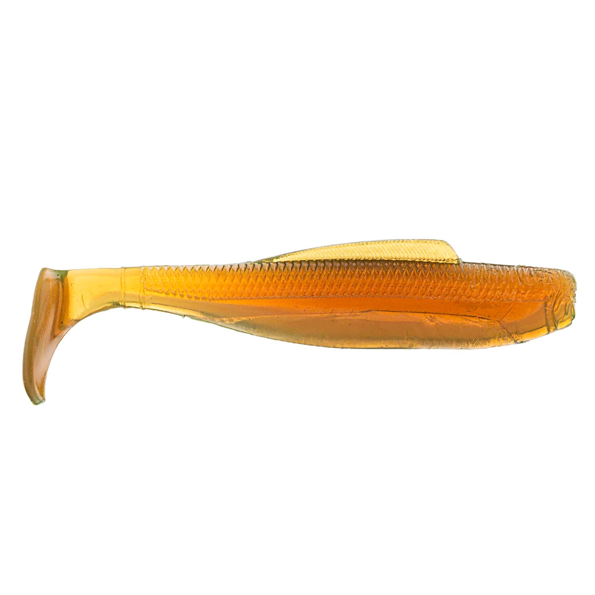 Soft plastic minnow lure, translucent amber-orange with orange back tint