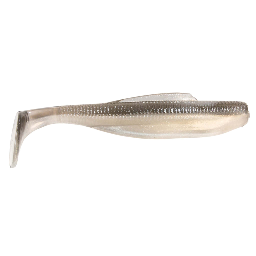 Soft plastic minnow lure, translucent light tan with silver back and fine texture