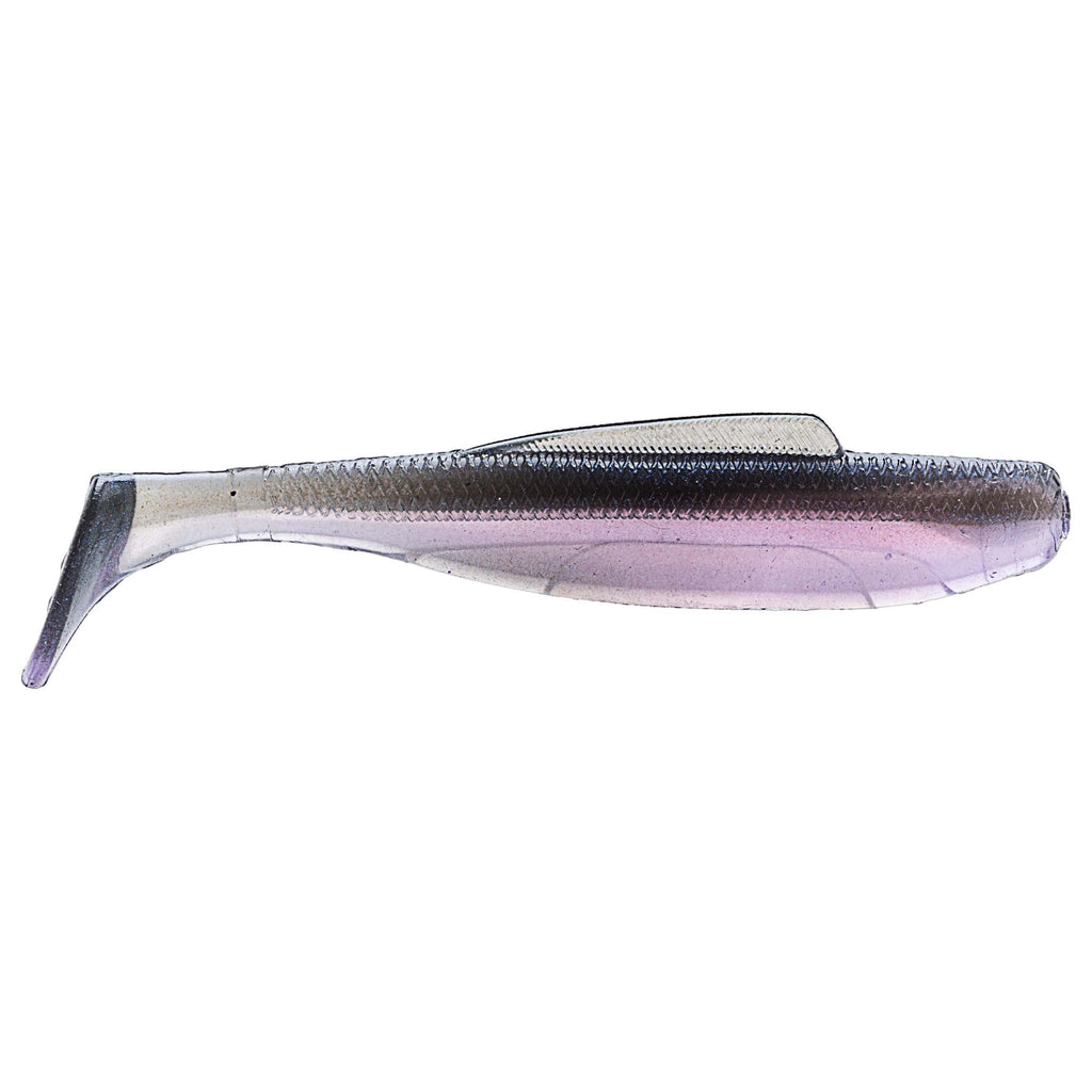 Soft plastic minnow lure, translucent purple-tinted with dark back and net texture