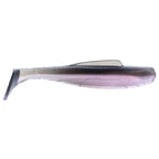 Soft plastic minnow lure, translucent purple-tinted with dark back and net texture