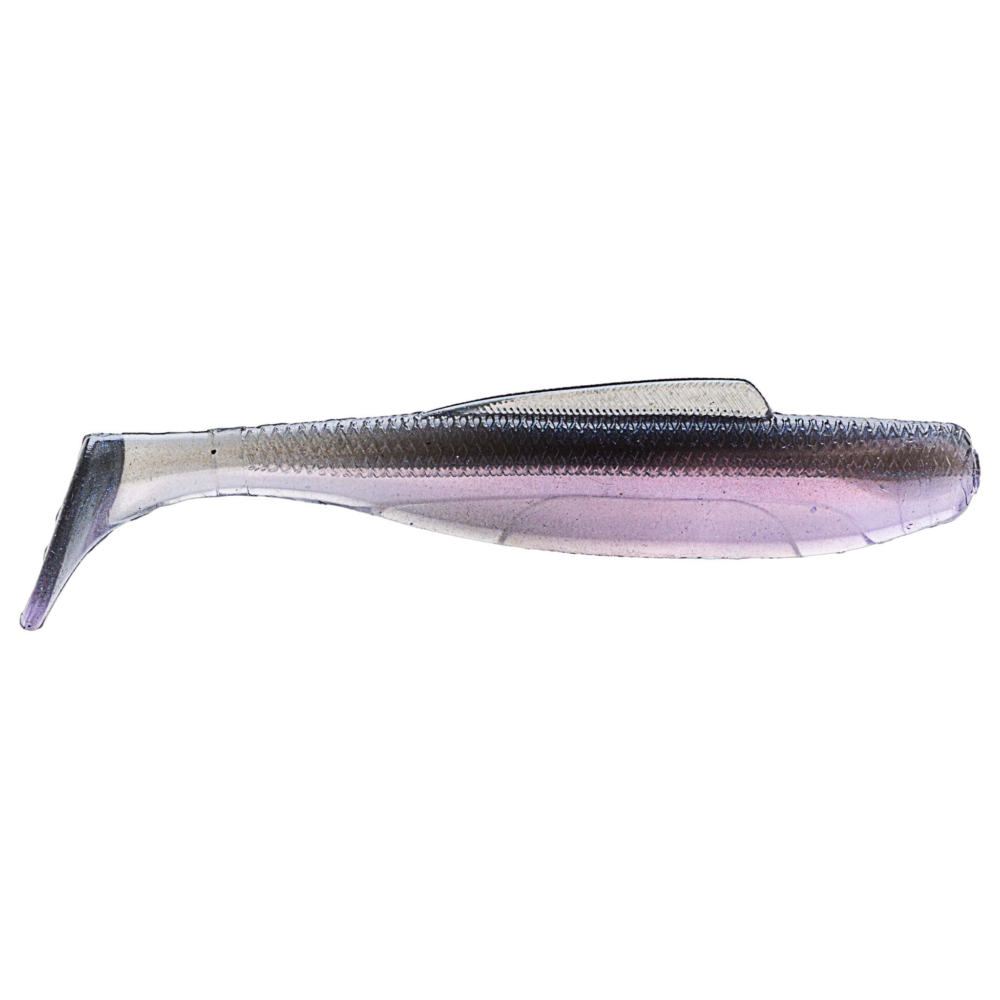 Soft plastic minnow lure, translucent purple-tinted with dark back and net texture