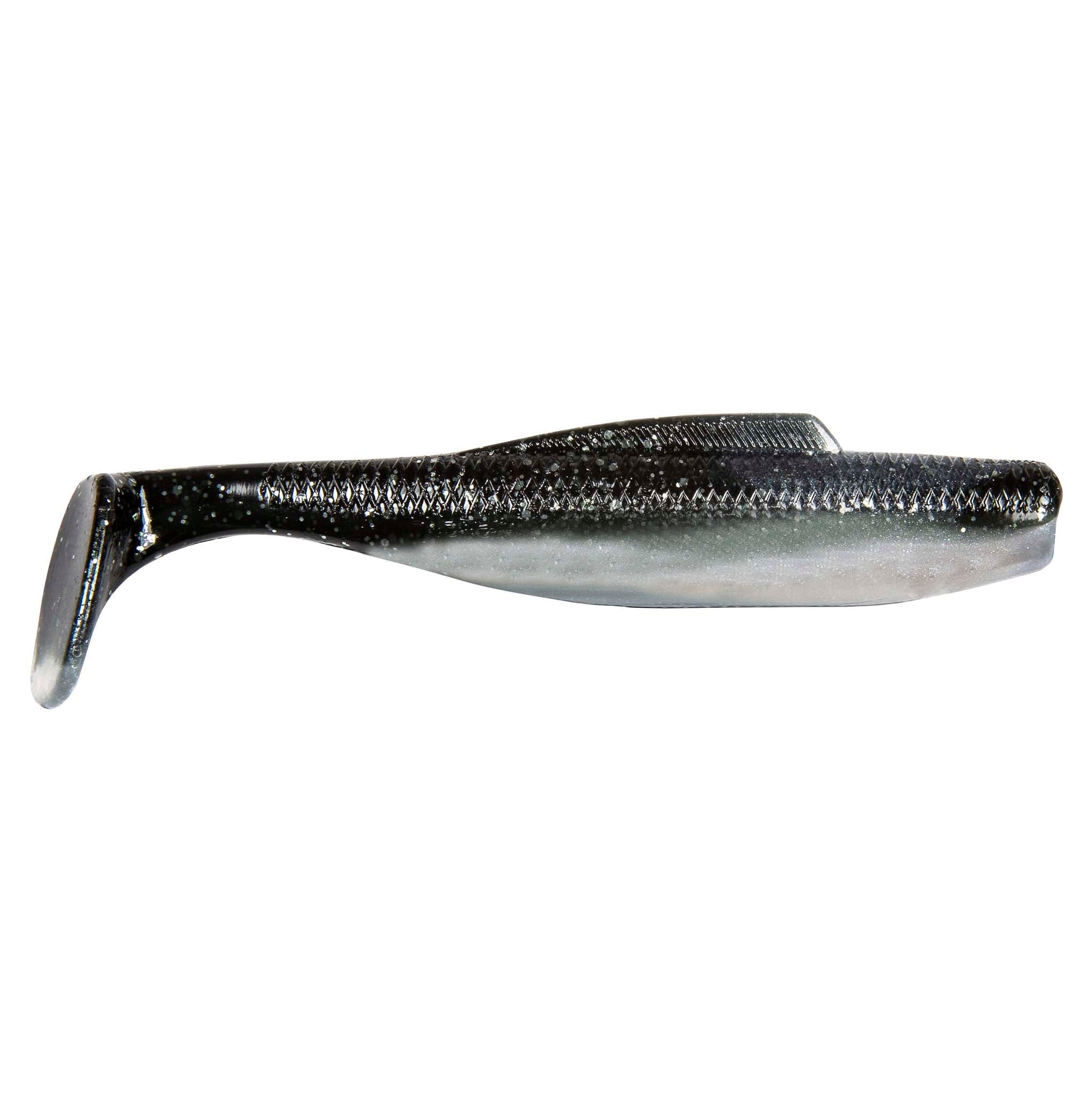 Soft plastic minnow lure, black top with silver belly and small glitter flecks