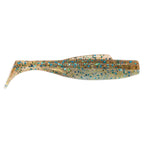 Soft plastic minnow lure, gold-speckled tan body with teal/blue dots
