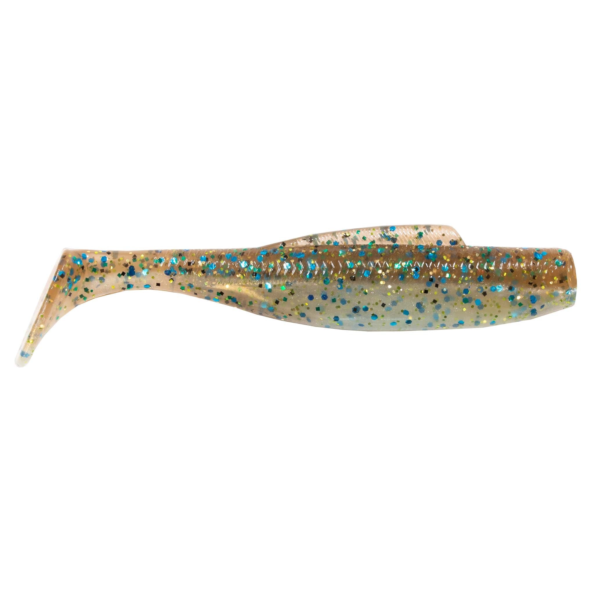 Soft plastic minnow lure, gold-speckled tan body with teal/blue dots