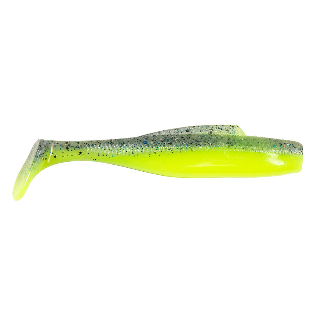 Soft plastic minnow lure, chartreuse green with speckled olive back