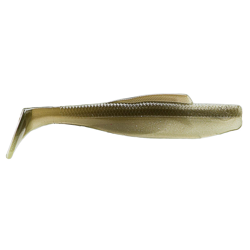 Soft plastic minnow lure, translucent olive-gold with fine glitter and textured top