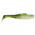 Soft plastic minnow lure, green chartreuse with black speckles and pale belly