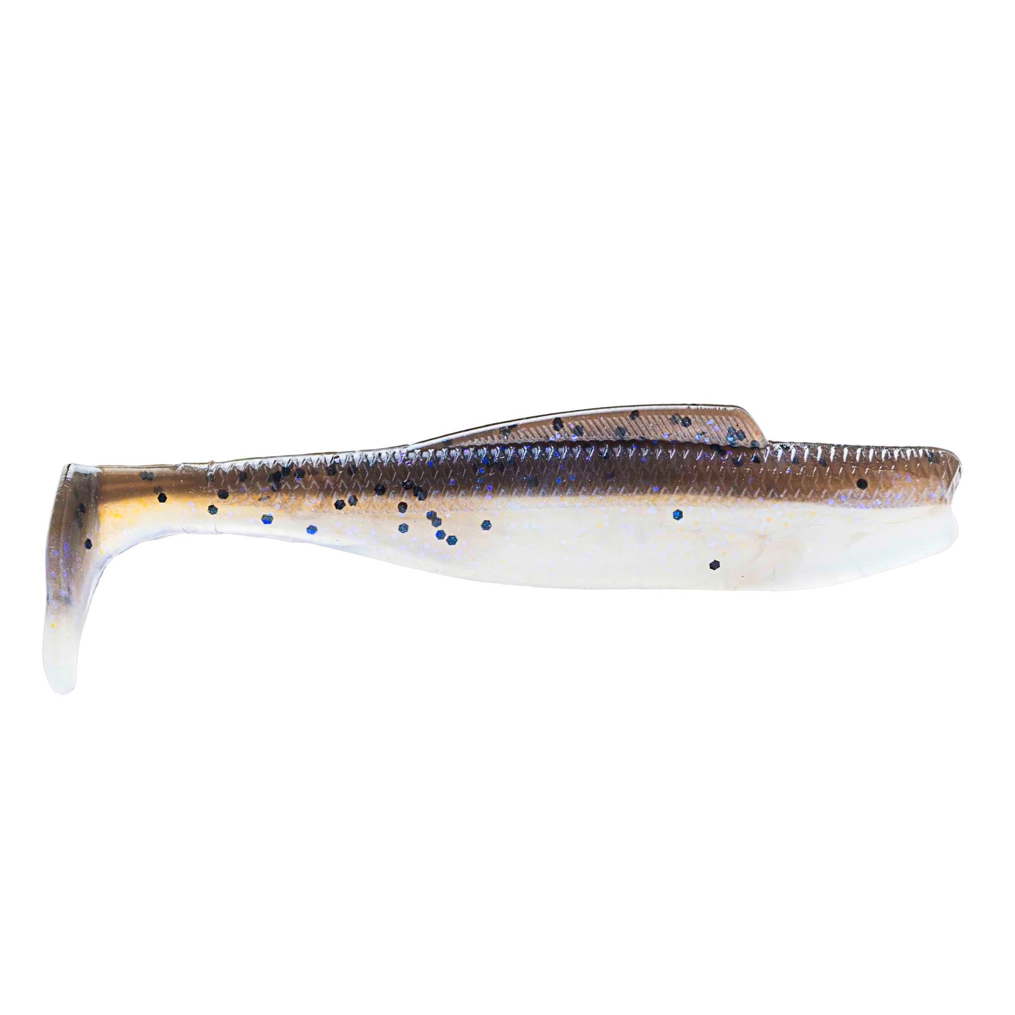Soft plastic minnow lure, pale white with blue-black dotted pattern and dark back