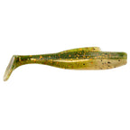 Soft plastic minnow lure, olive-gold with green flecks and fine texture