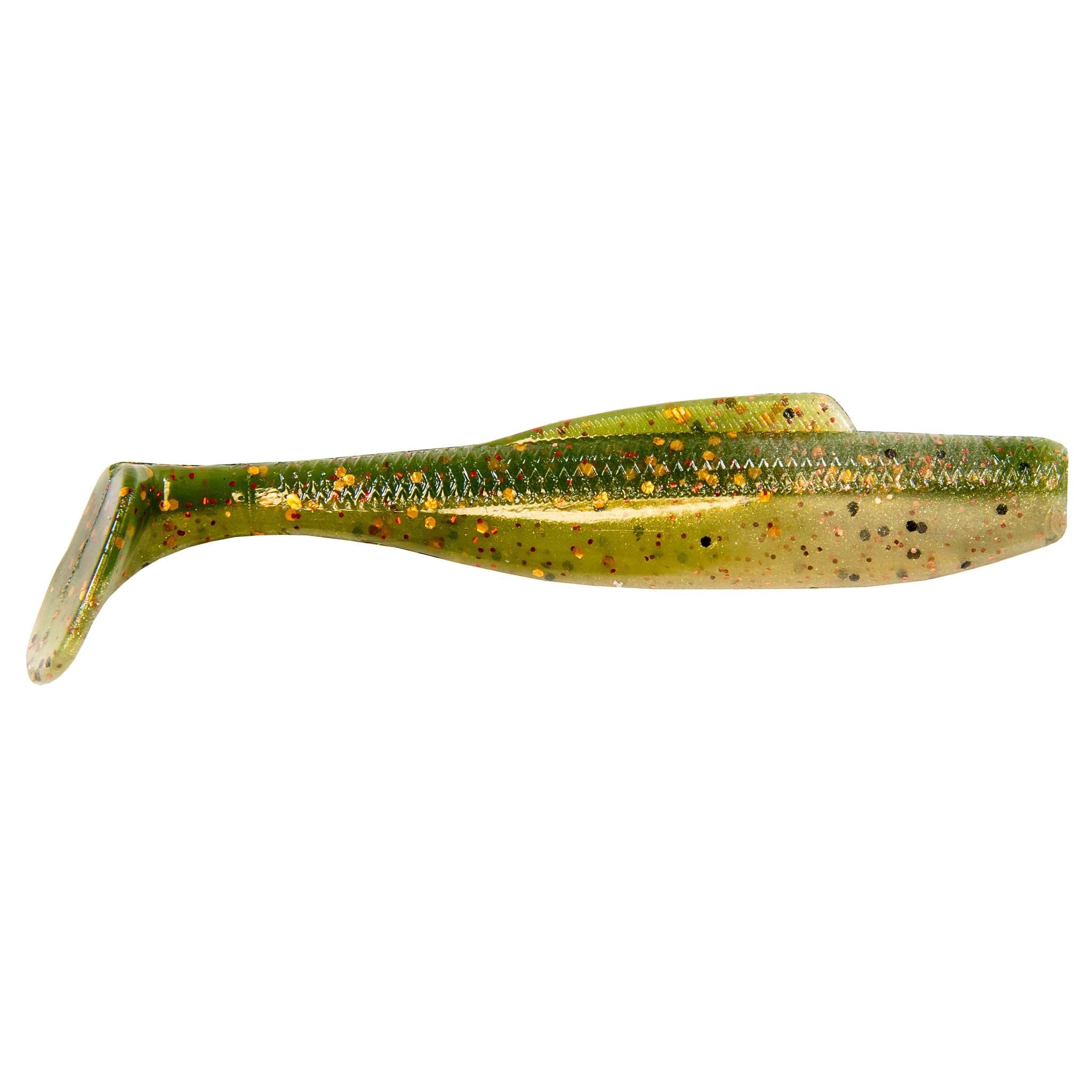 Soft plastic minnow lure, olive-gold with green flecks and fine texture
