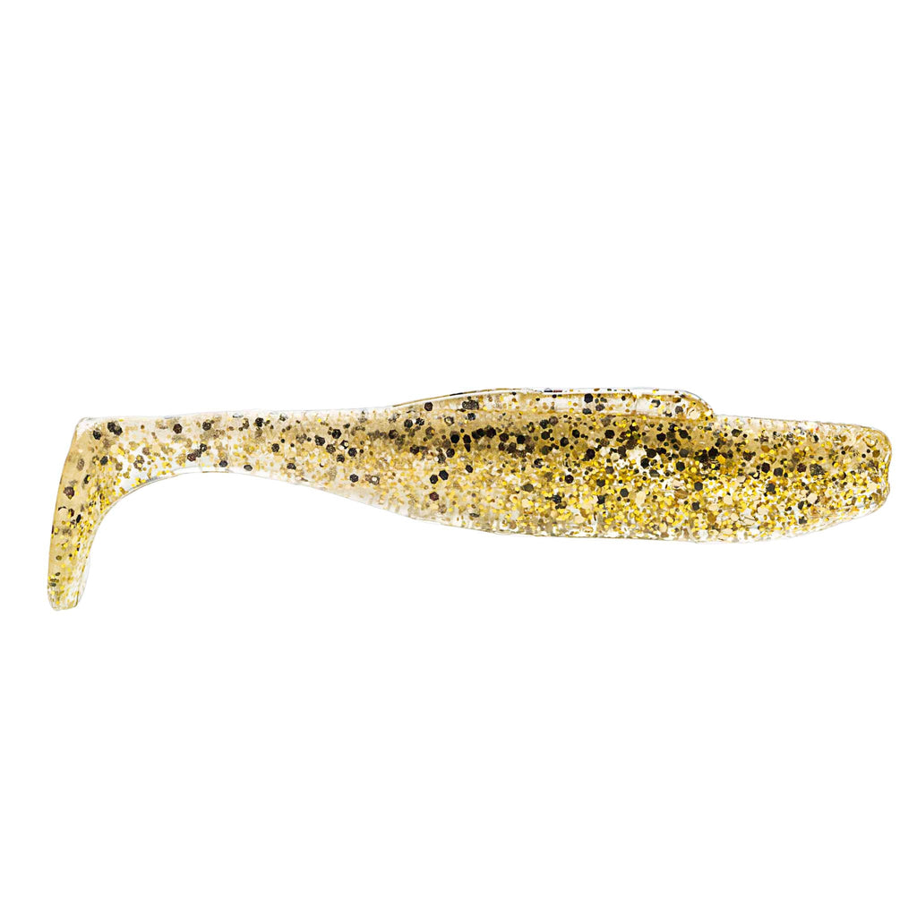 Soft plastic minnow lure, translucent pale tan with dense gold glitter