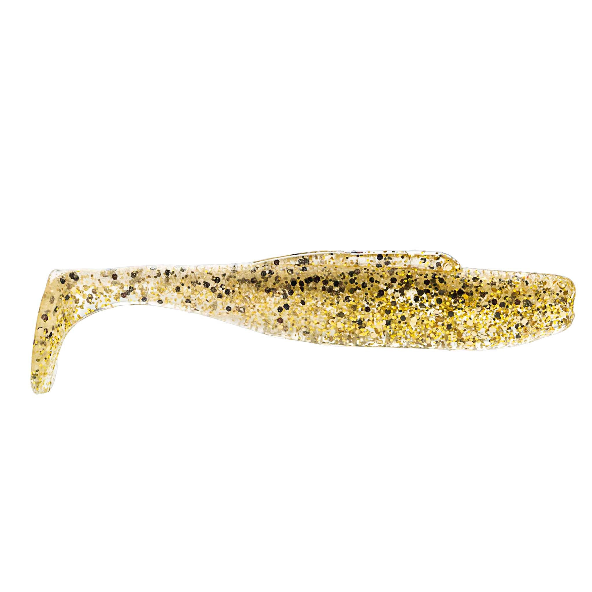 Soft plastic minnow lure, translucent pale tan with dense gold glitter
