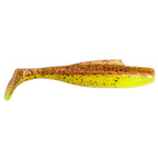 Soft plastic minnow lure, orange-brown glitter on top with green-yellow belly
