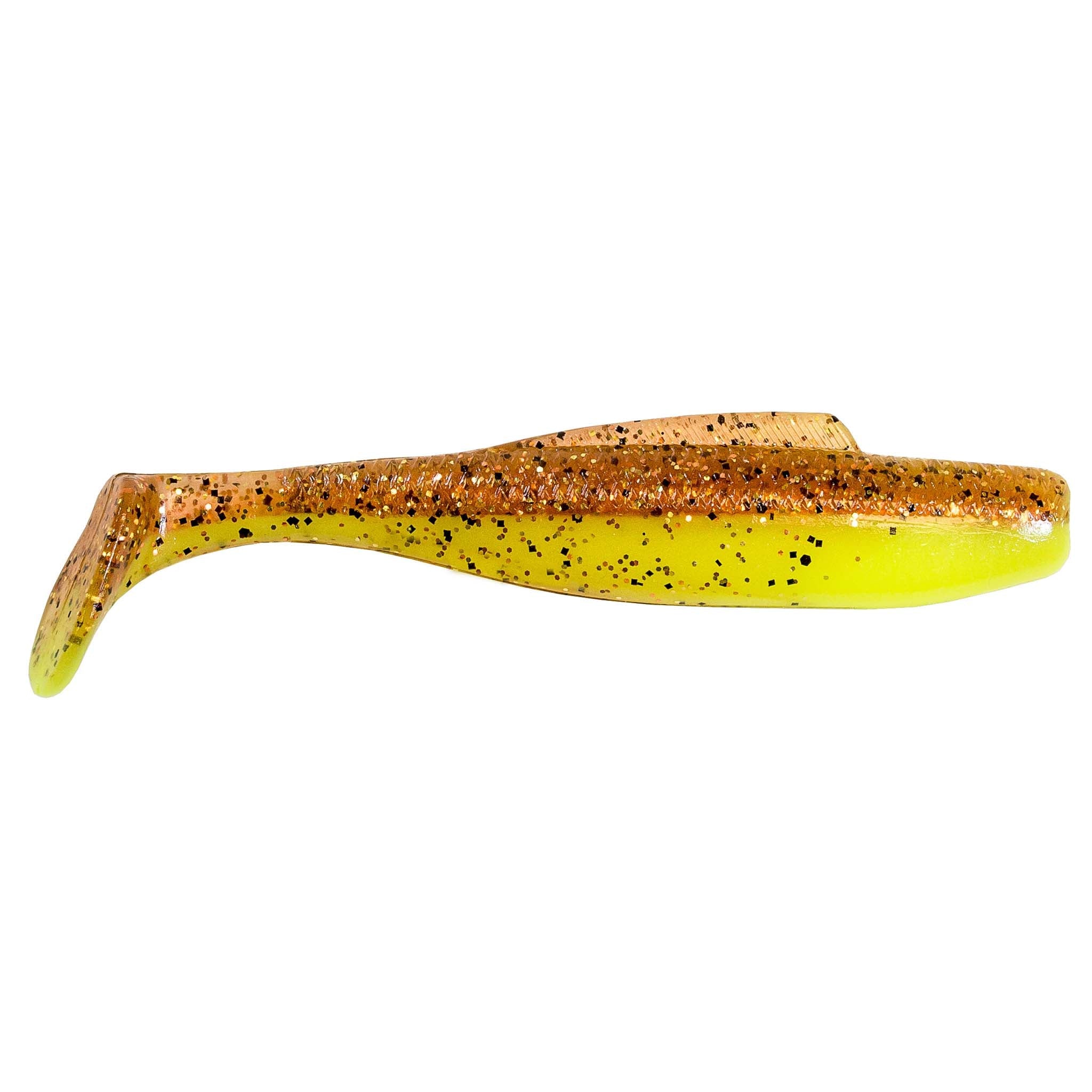 Soft plastic minnow lure, orange-brown glitter on top with green-yellow belly