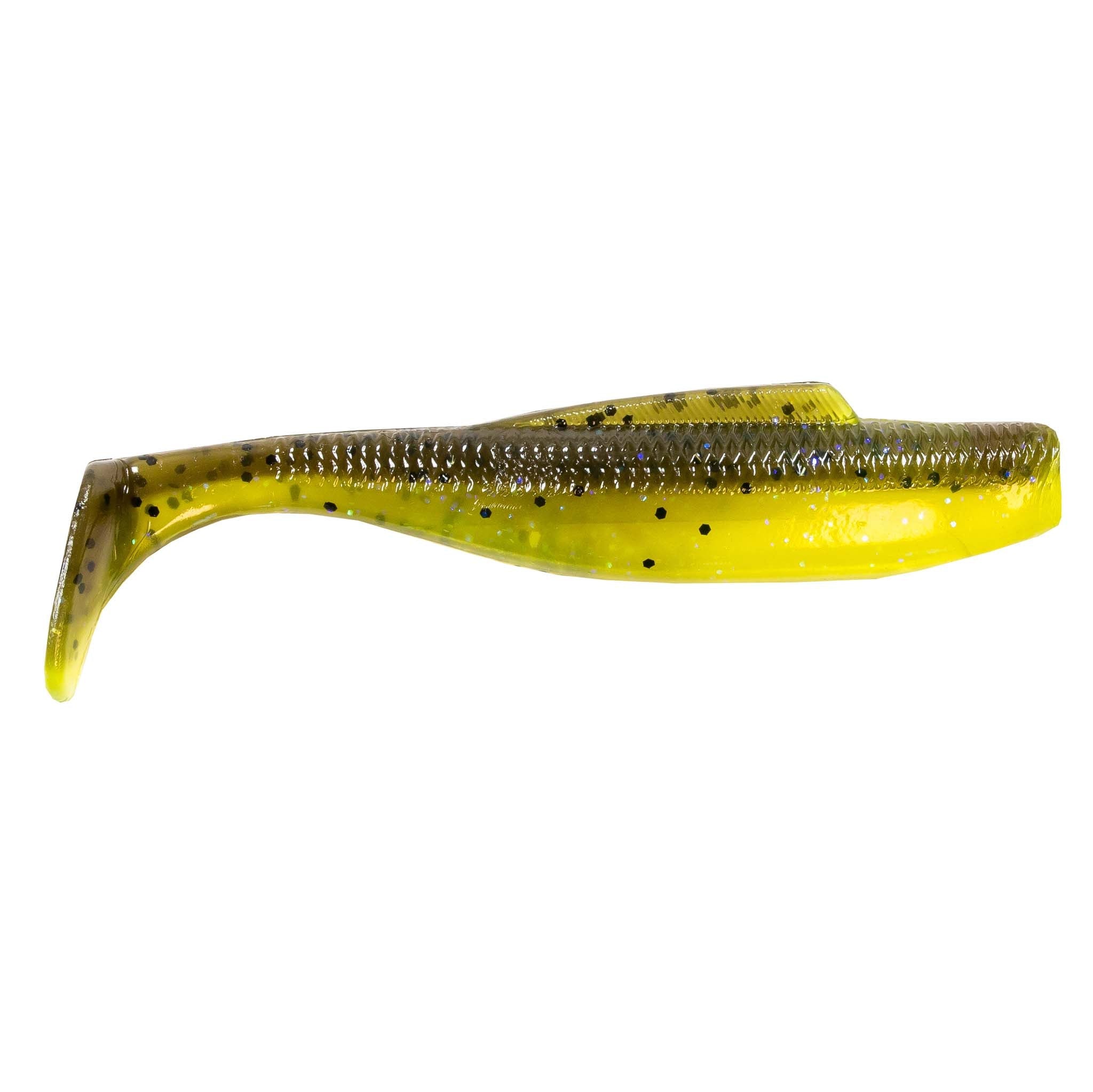 Soft plastic minnow lure, yellow-green with dark speckles and textured back