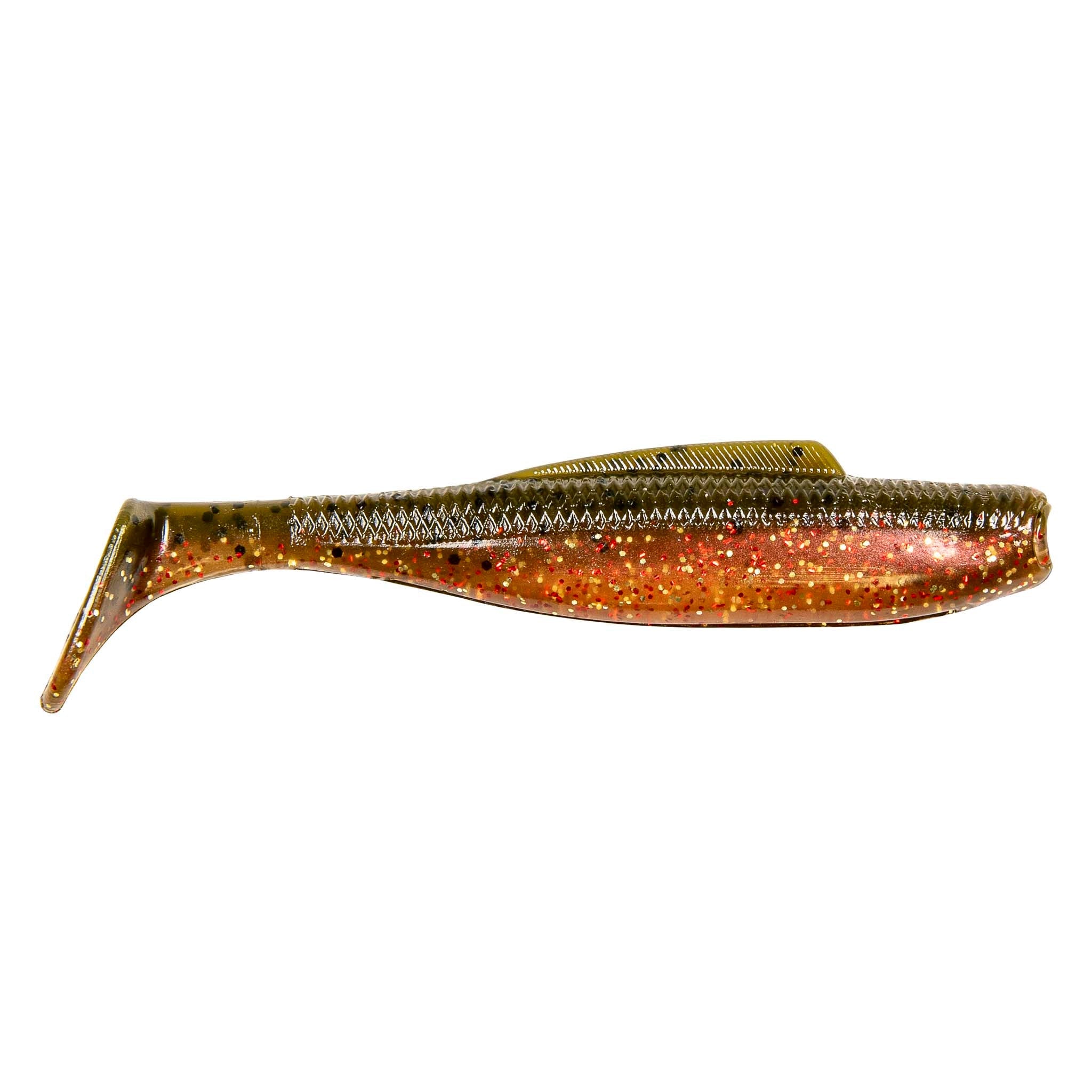 Soft plastic minnow lure, bronze-brown glitter with dark speckled back stripe