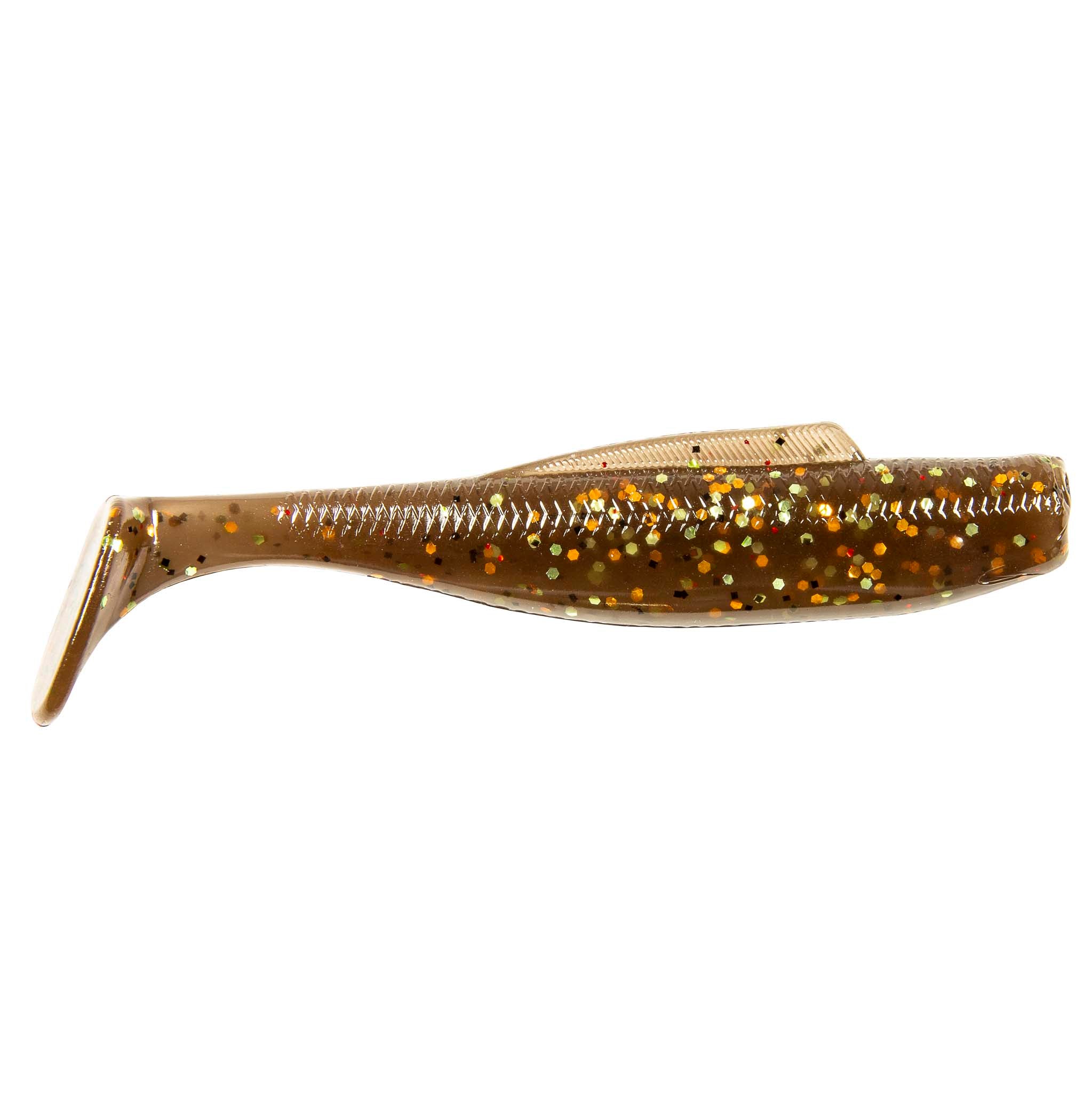 Soft plastic minnow lure, gold-brown glitter with orange speckled spots