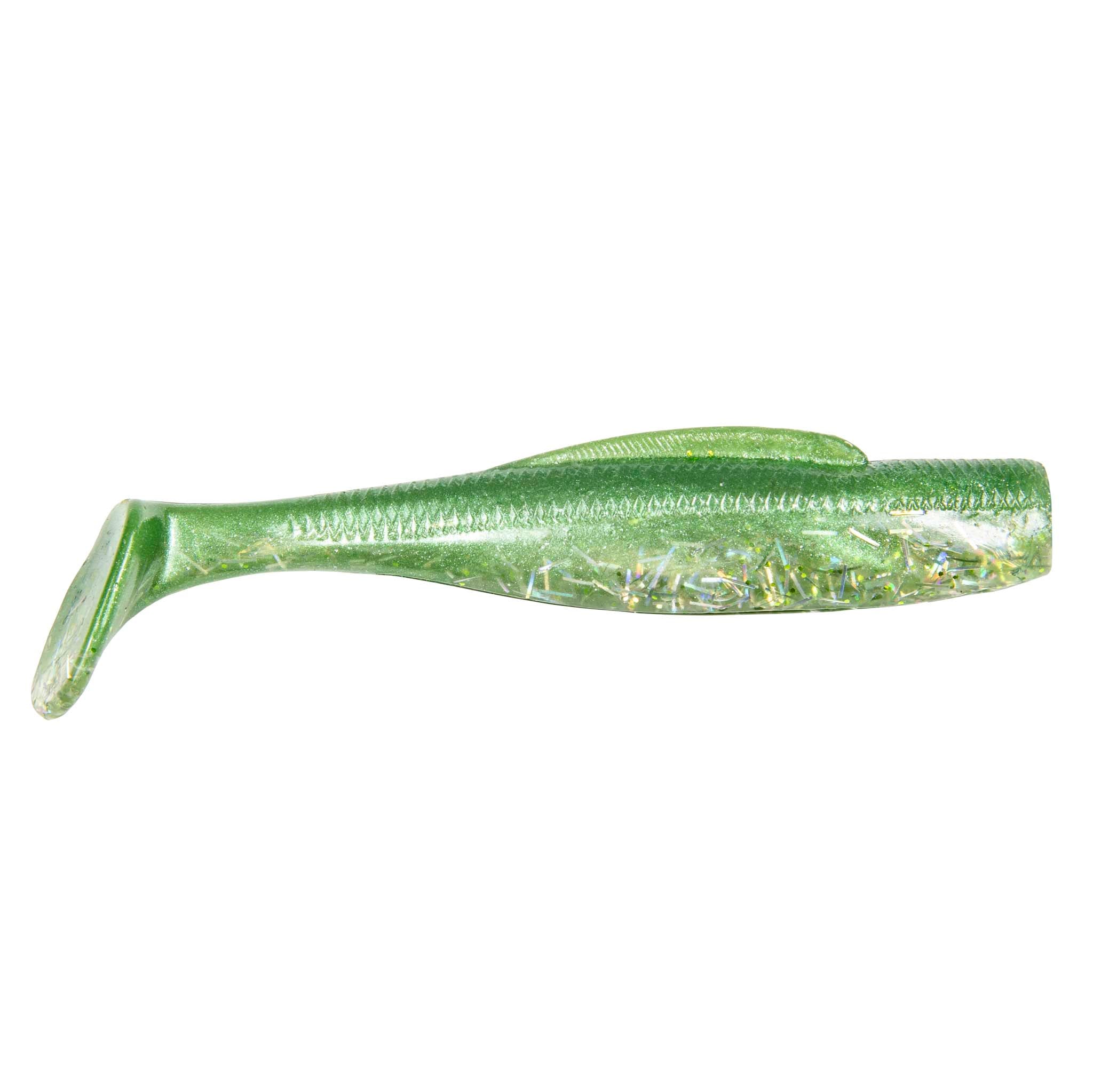 Soft plastic minnow lure, translucent green with clear holographic glitter lines