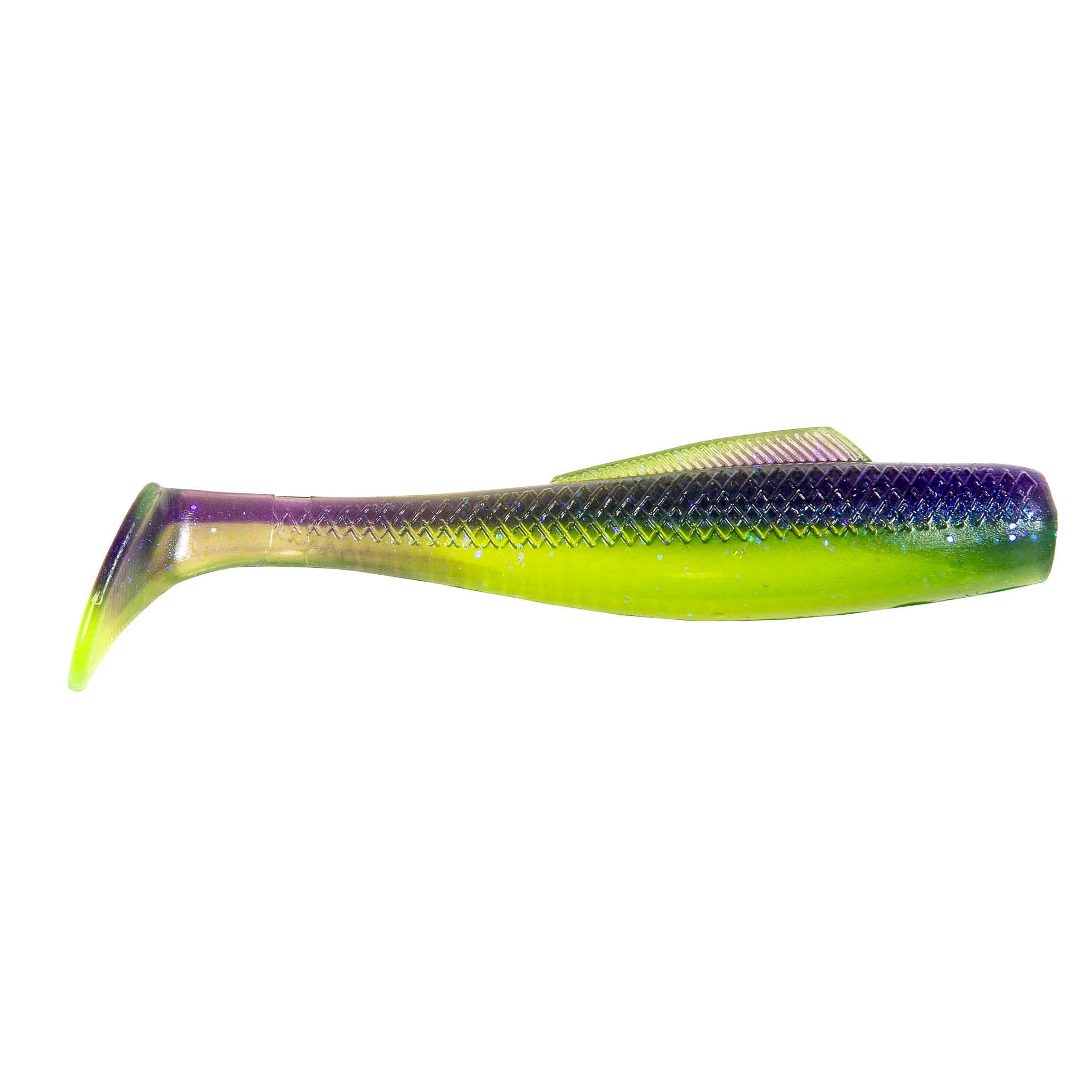 Soft plastic minnow lure, purple-to-yellow gradient with dark top net texture