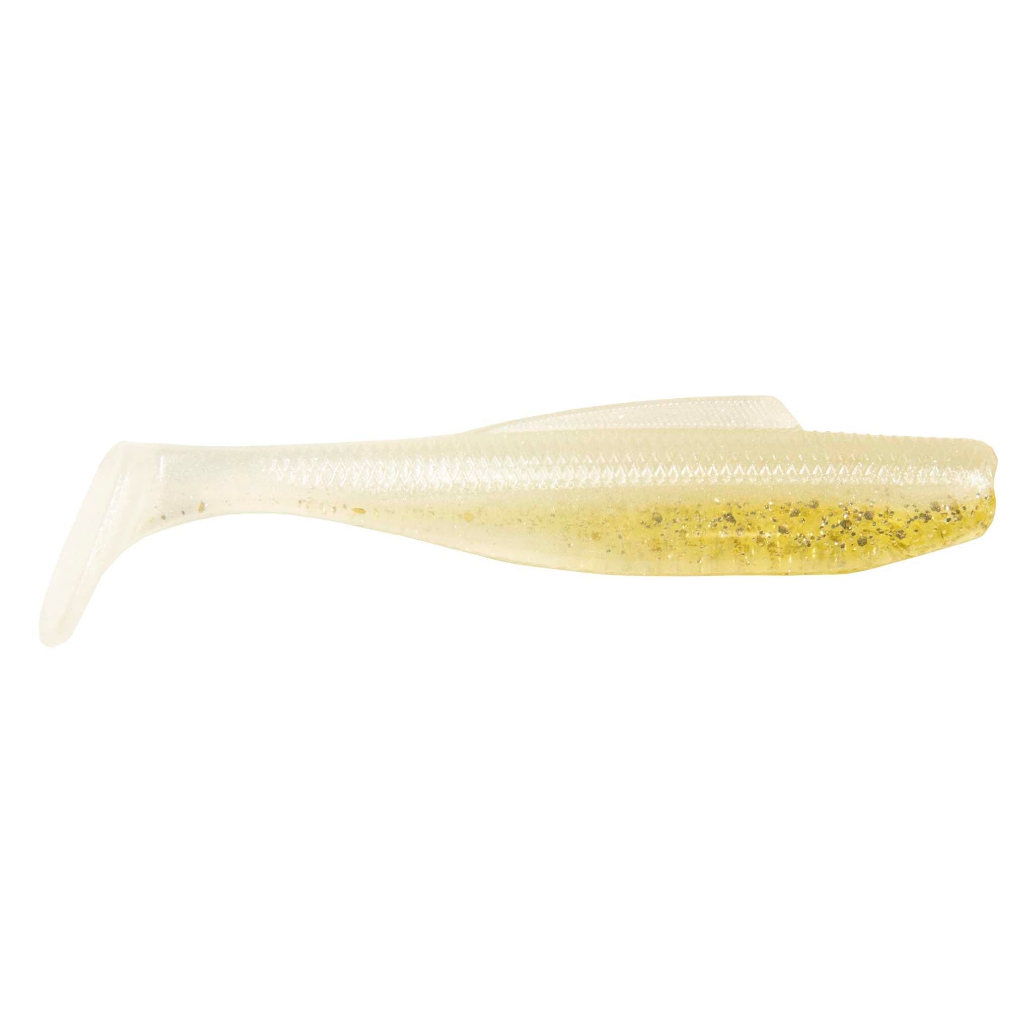 Soft plastic minnow lure, translucent off-white with light golden glitter specks