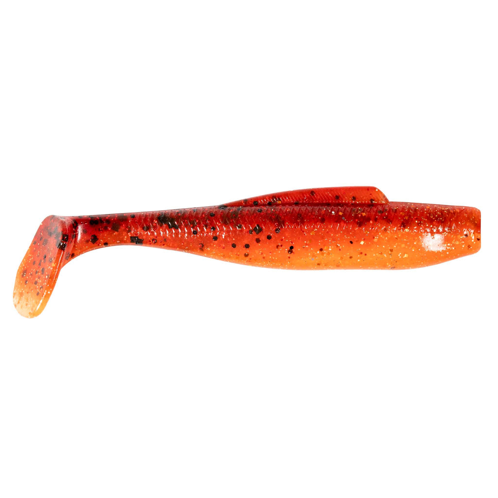 Soft plastic minnow lure, orange-red with dark speckles and translucent edges