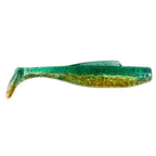 Soft plastic minnow lure, green with yellow flecks and gold-toned glitter back