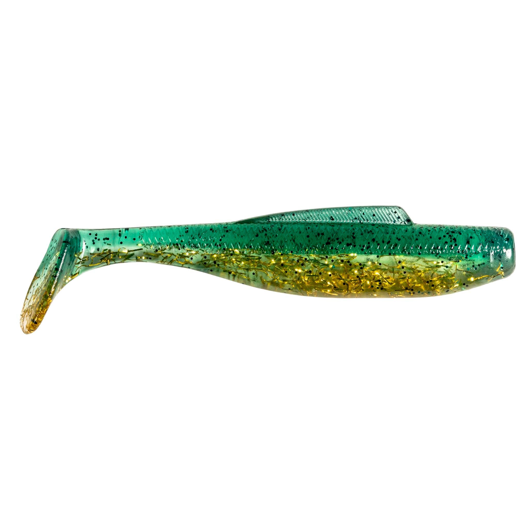 Soft plastic minnow lure, green with yellow flecks and gold-toned glitter back