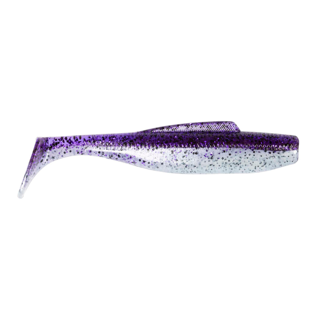 Soft plastic minnow lure, purple with speckled white belly and dark textured top
