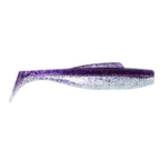 Soft plastic minnow lure, purple with speckled white belly and dark textured top