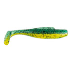 Soft plastic minnow lure, dark green back with bright yellow belly and black speckles