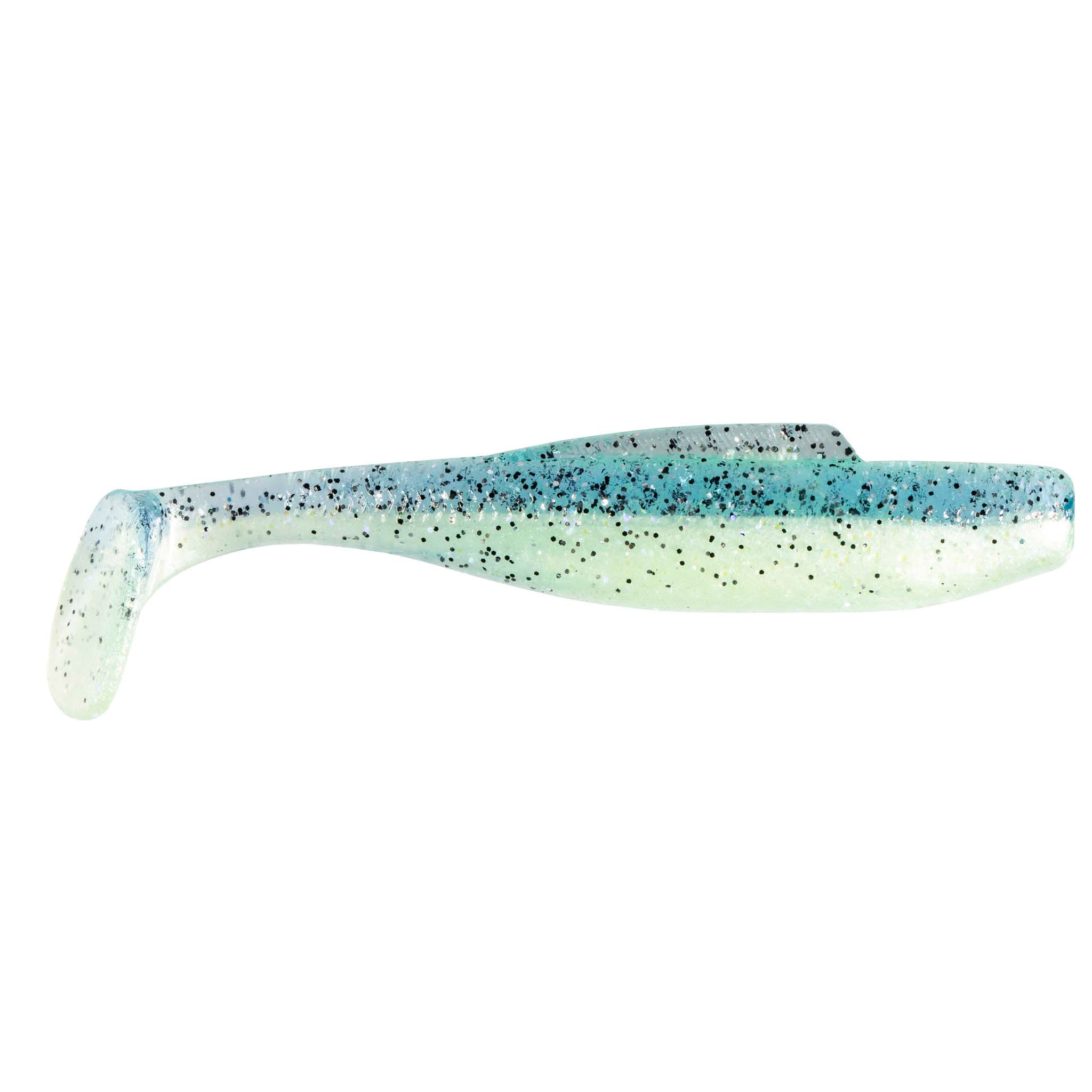 Soft plastic minnow lure, pale green body with blue speckles and dark green back