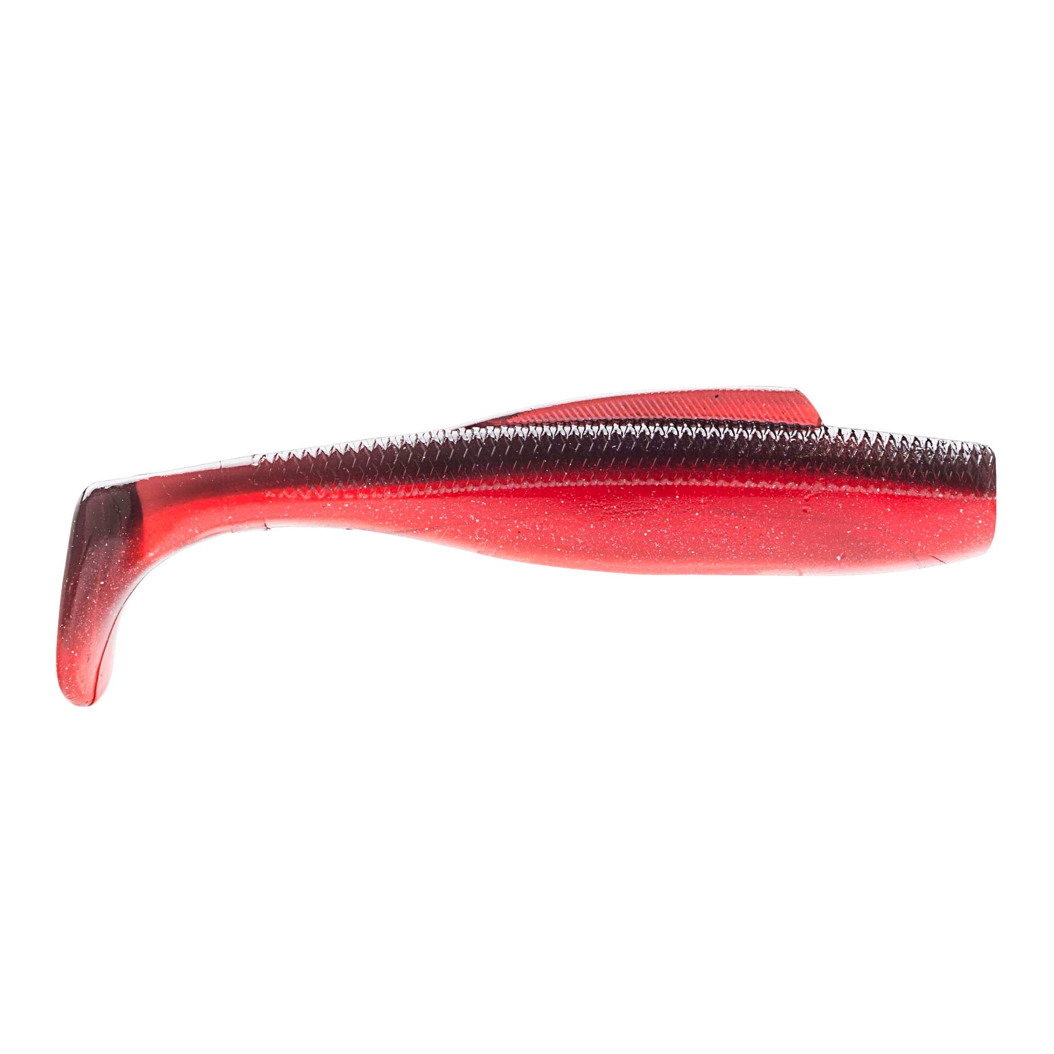 Soft plastic minnow lure, red with dark back stripe and glossy translucent body