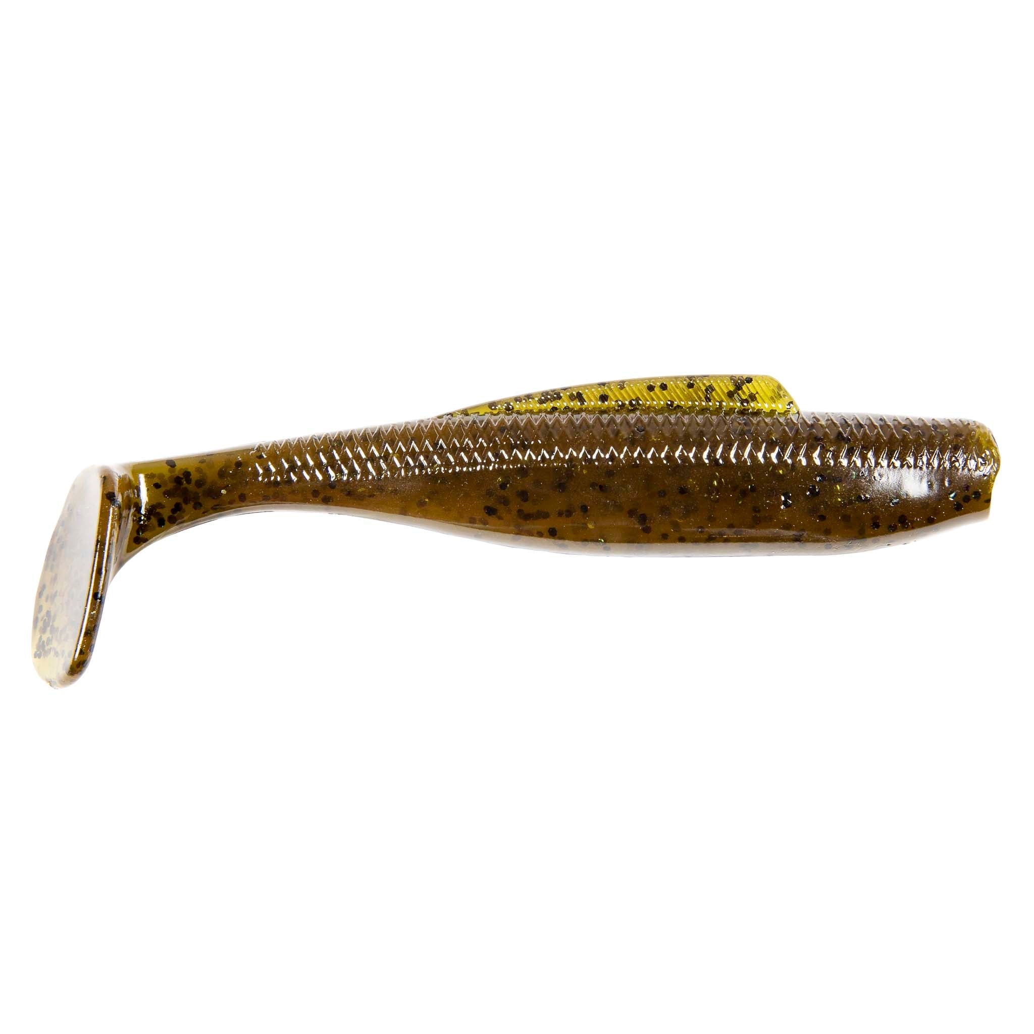 Soft plastic minnow lure, translucent gold-brown with dark dots and fine texture