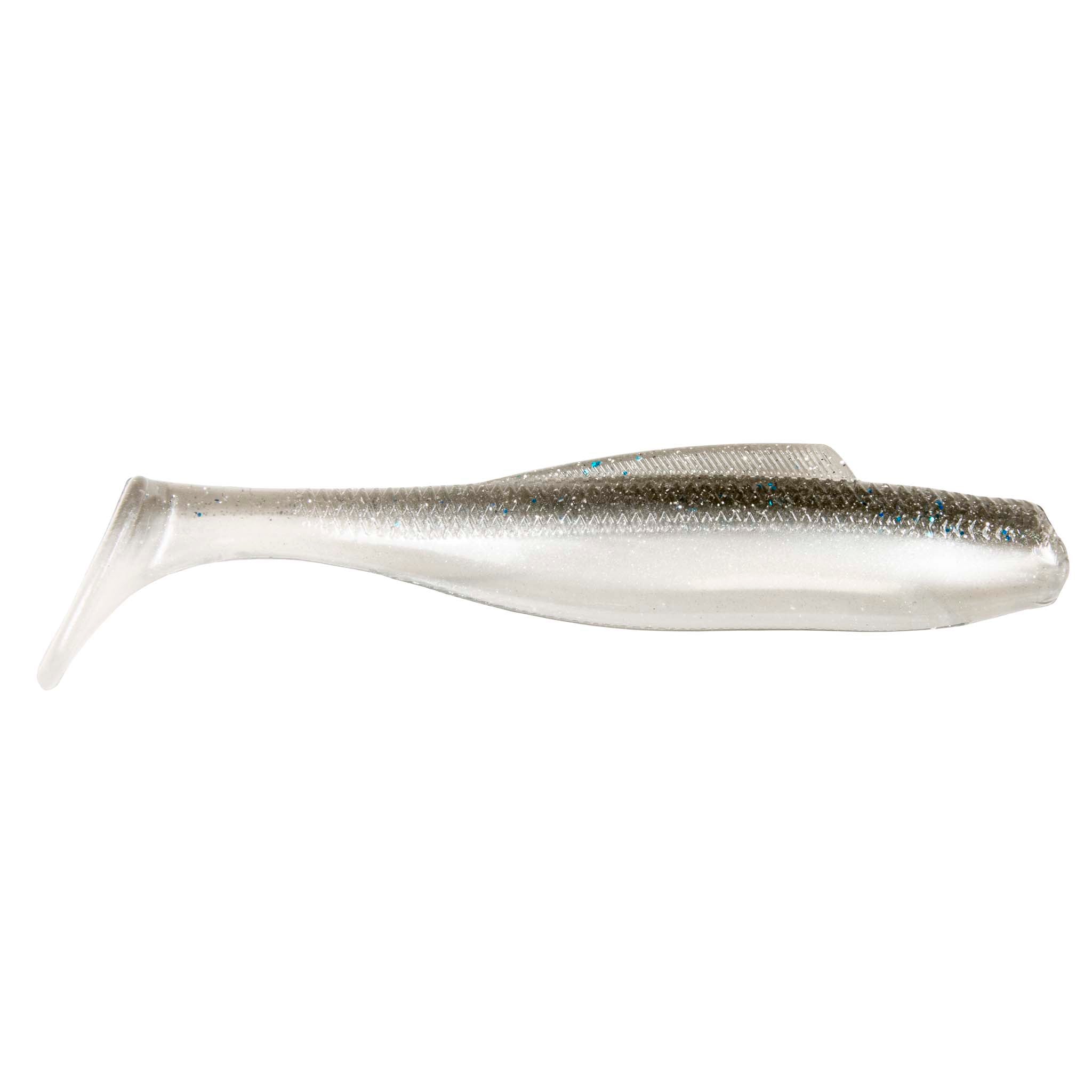 Soft plastic minnow lure, silver translucent body with paddle tail