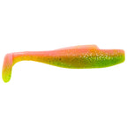 Soft plastic minnow lure, orange-to-green glitter gradient body with paddle tail