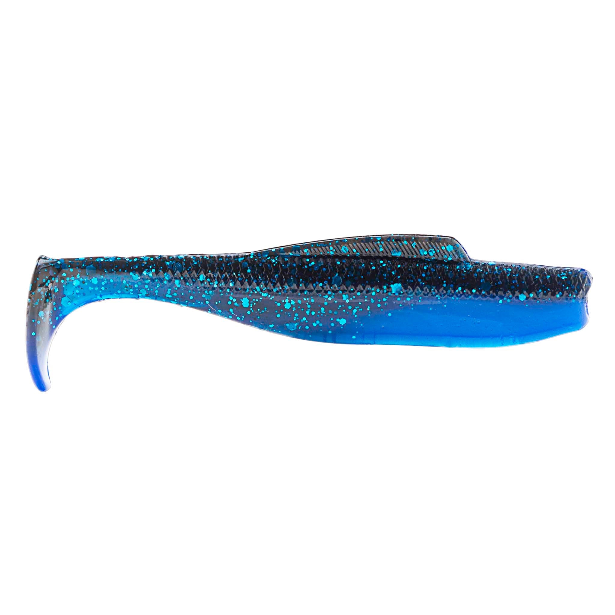 Soft plastic minnow lure, dark blue glitter body with lighter belly