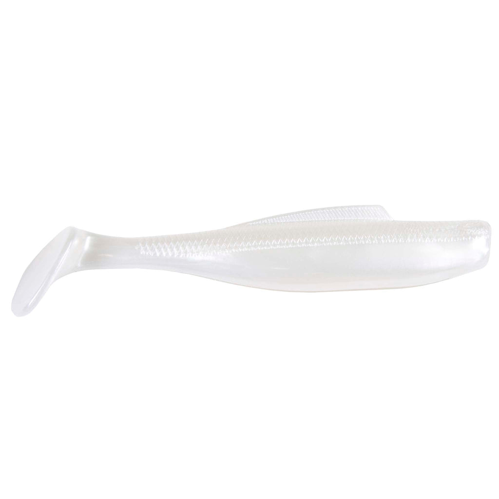 Soft plastic minnow lure, translucent white with subtle net-texture pattern