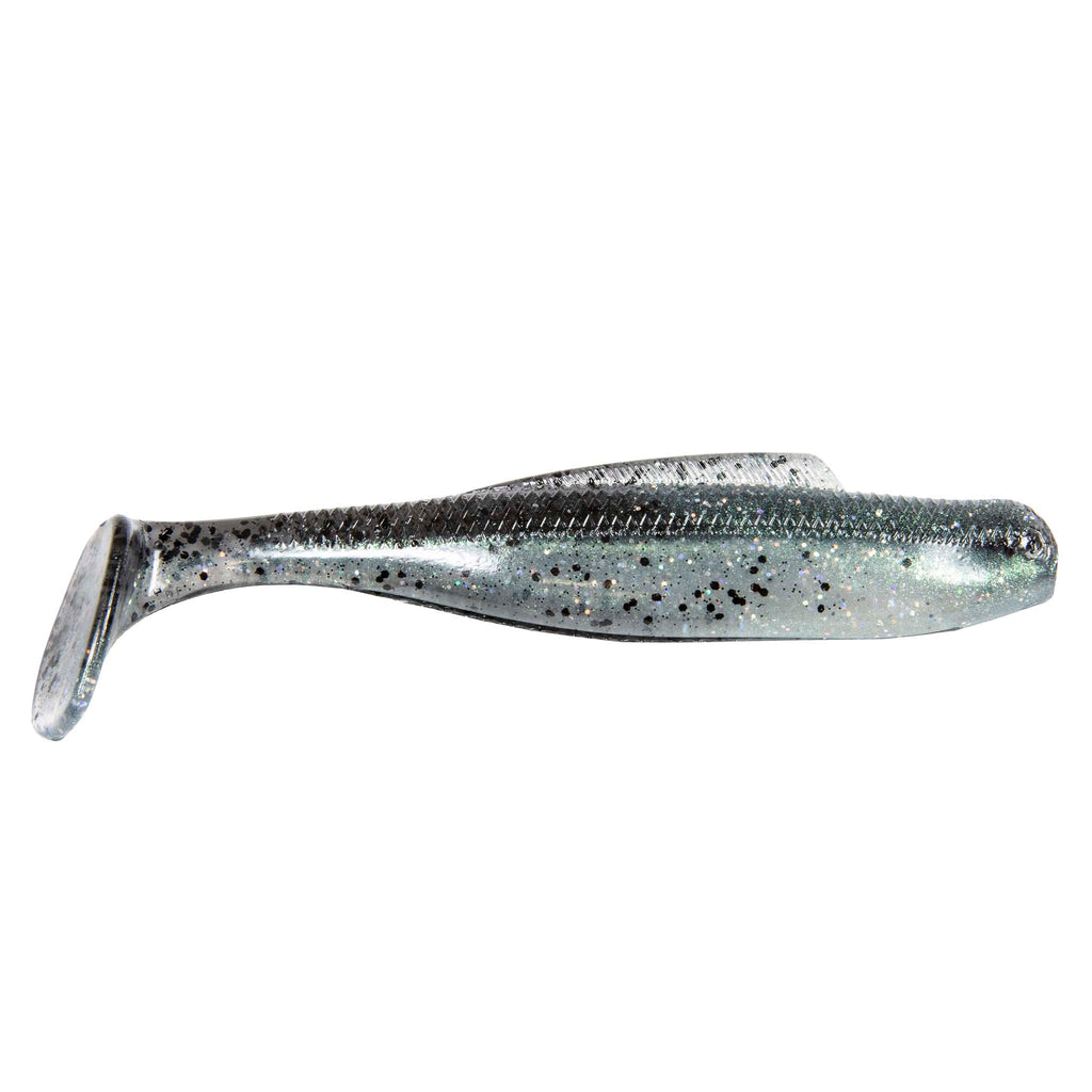 Soft plastic minnow lure, translucent gray with dark speckles and dark textured back