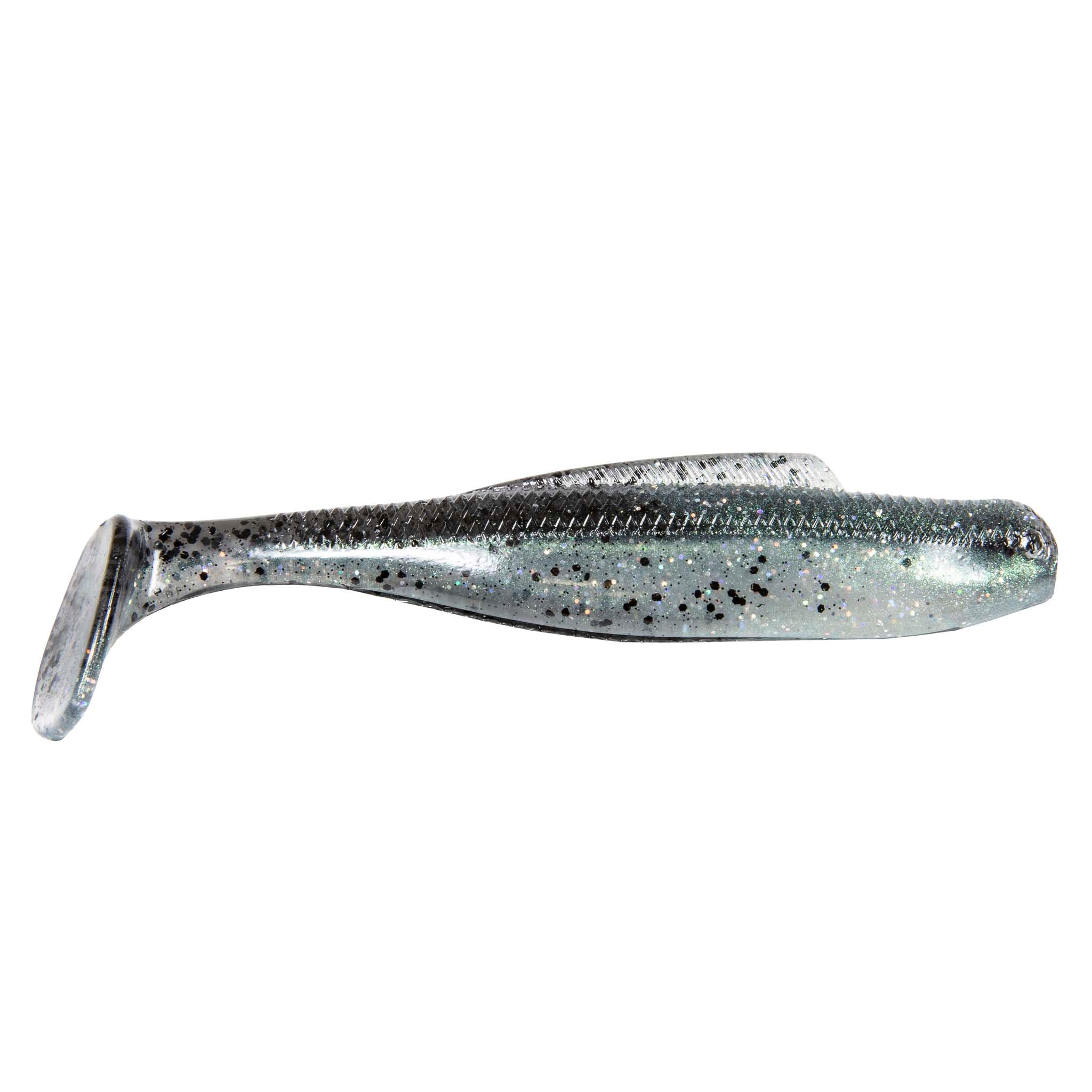 Soft plastic minnow lure, translucent gray with dark speckles and dark textured back