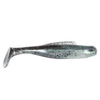 Soft plastic minnow lure, translucent gray with dense black speckles and dark back