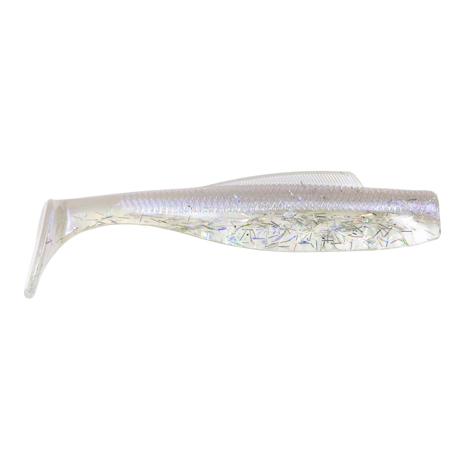 Clear white iridescent glitter soft swimbait lure with forked tail