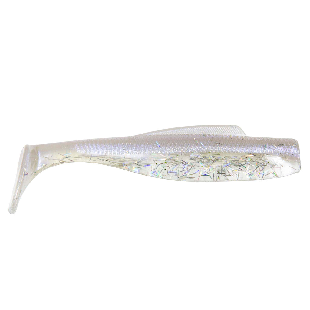 Soft plastic minnow lure, translucent white with holographic multicolor glitter pattern