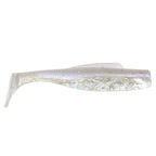 Soft plastic minnow lure, translucent white with holographic multicolor glitter pattern