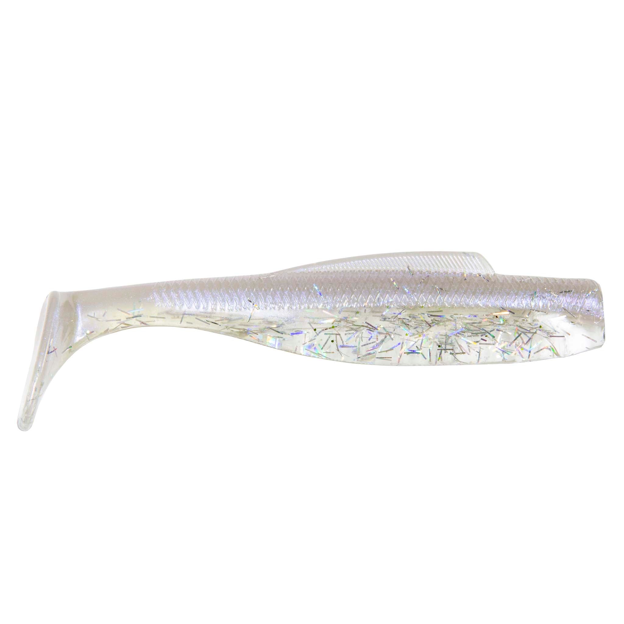 Soft plastic minnow lure, translucent white with holographic multicolor glitter pattern