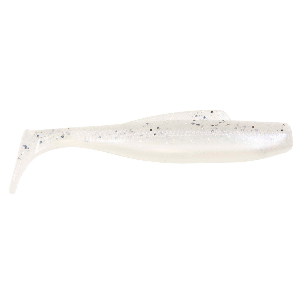 Soft plastic minnow lure, translucent white with small blue-gray speckles