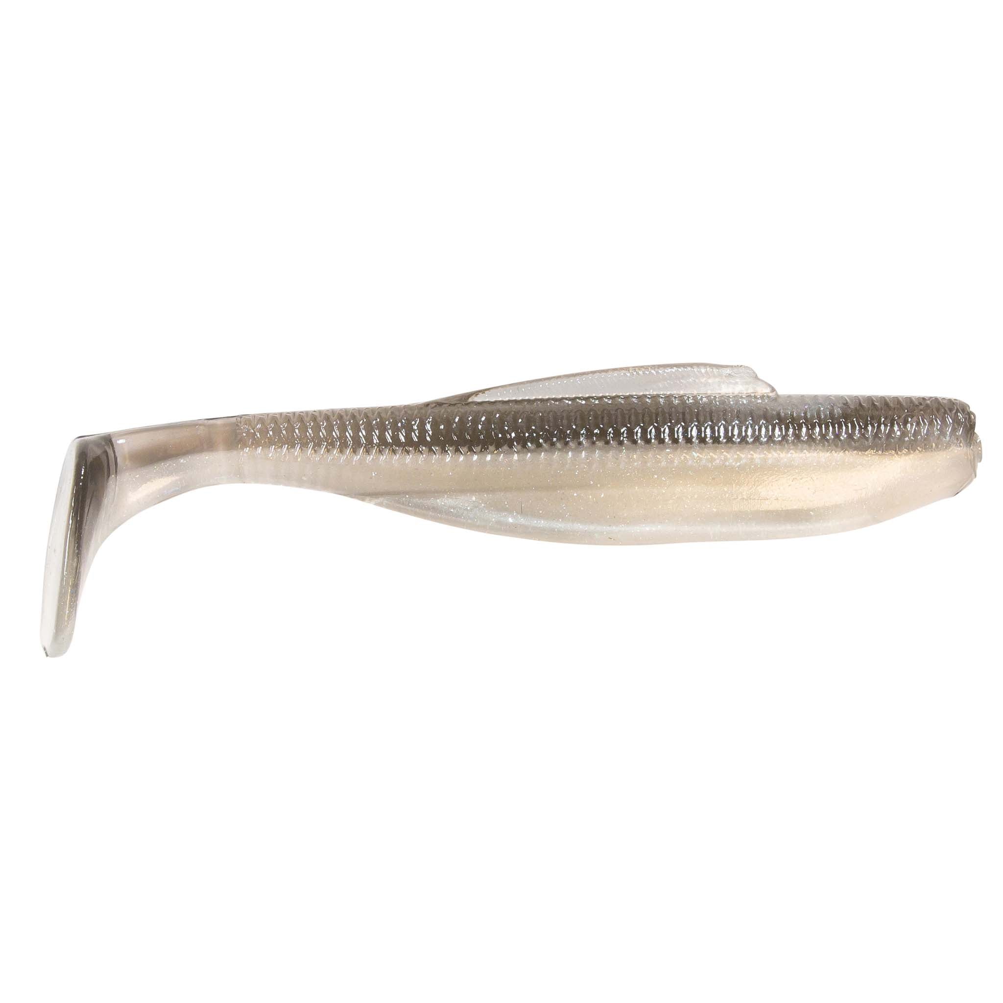 Soft plastic minnow lure, translucent light sand with dark textured top stripe