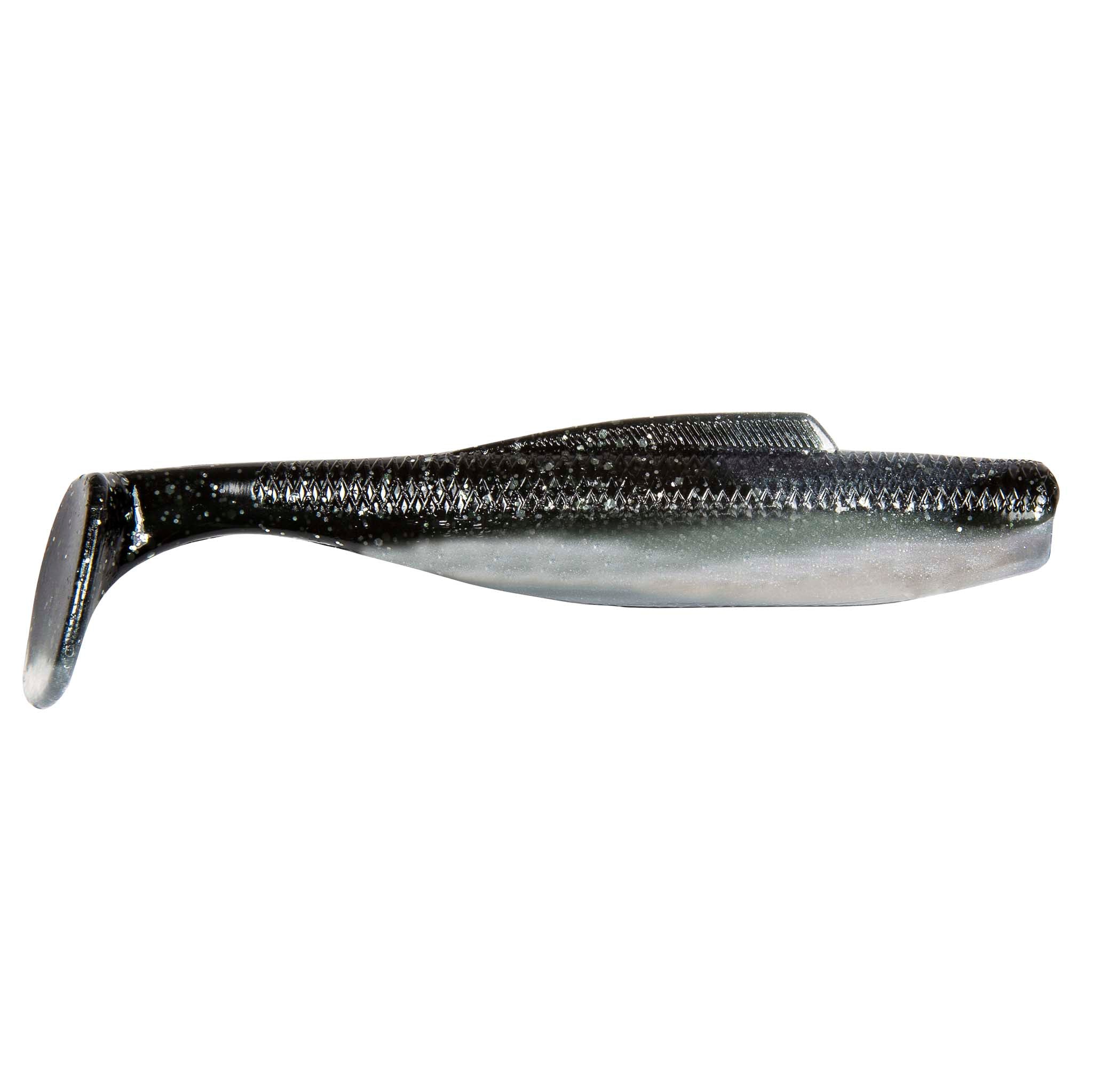 Soft plastic minnow lure, dark charcoal with silver belly and subtle speckled texture